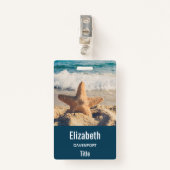Starfish op een foto van Sandy Beach Badge (Voorkant met clip)