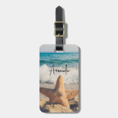 Starfish op een foto van Sandy Beach Bagagelabel (Voorkant verticaal)