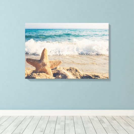 Starfish op een foto van Sandy Beach Canvas Afdruk (Insitu (Houten vloer))