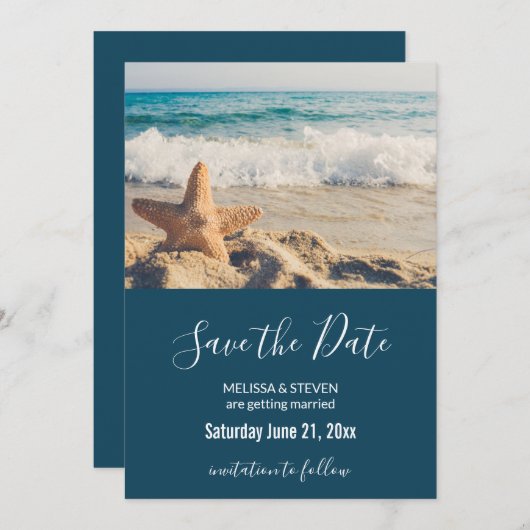 Starfish op een foto van Sandy Beach Save The Date (Voorkant / Achterkant)