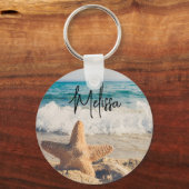 Starfish op een foto van Sandy Beach Sleutelhanger (Voorkant)