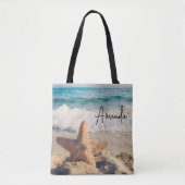 Starfish op een foto van Sandy Beach Tote Bag (Voorkant)