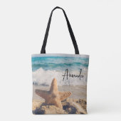 Starfish op een foto van Sandy Beach Tote Bag (Achterkant)