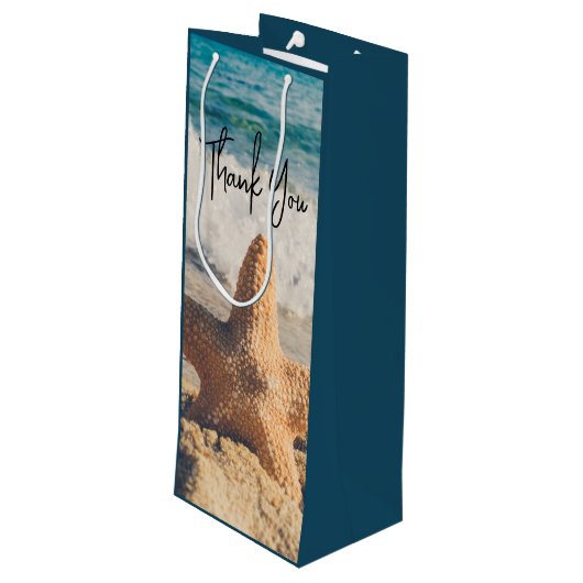 Starfish op een foto van Sandy Beach Wijn Cadeautas (Achterkant Gekanteld)