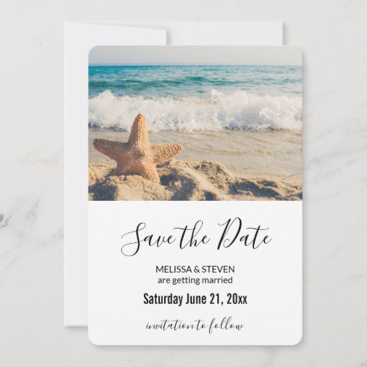 Starfish op een Sandy Beach foto Weddenschap Save The Date (Voorkant)