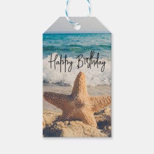 Starfish op een strand foto van Sandy Birthday Cadeaulabel