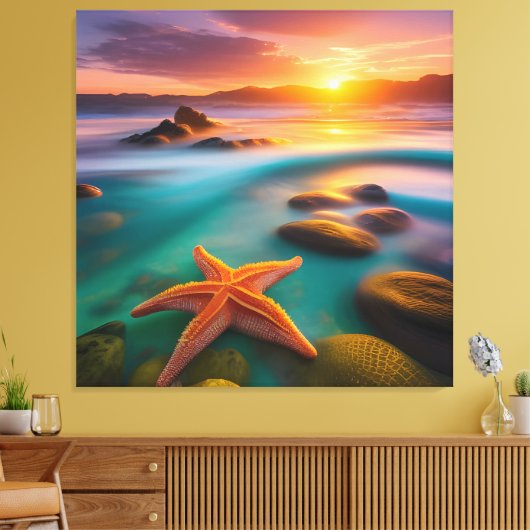 Starfish op strand op Dawn Canvas Afdruk (Insitu (Woonkamer))