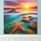 Starfish op strand op Dawn Canvas Afdruk (Insitu (Houten vloer))