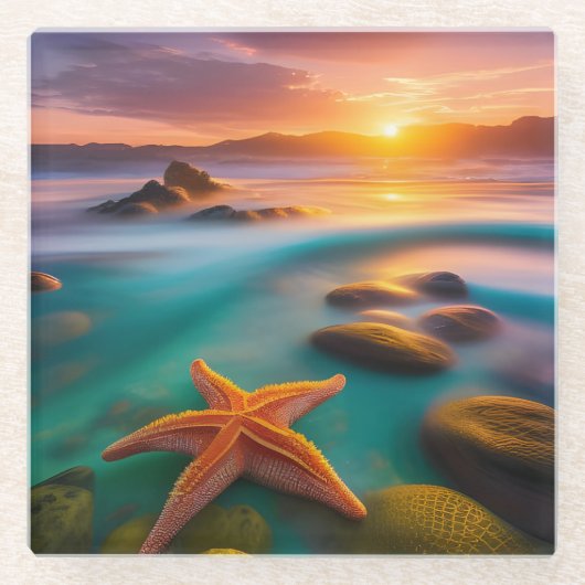 Starfish op strand op Dawn Glazen Onderzetter (Voorkant)