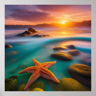 Starfish op strand op Dawn Poster