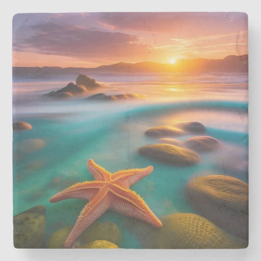 Starfish op strand op Dawn Stenen Onderzetter (Voorkant)