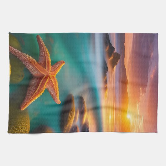 Starfish op strand op Dawn Theedoek (Horizontaal)