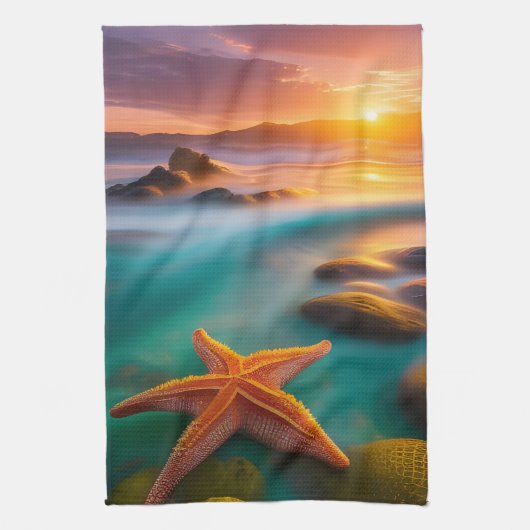 Starfish op strand op Dawn Theedoek (Verticaal)
