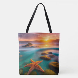 Starfish op strand op Dawn Tote Bag
