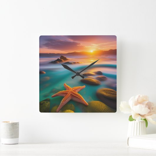 Starfish op strand op Dawn Vierkante Klok (Huis)