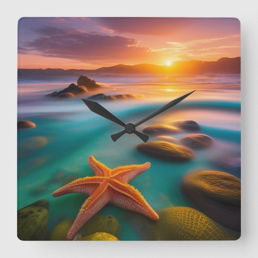 Starfish op strand op Dawn Vierkante Klok (Voorkant)