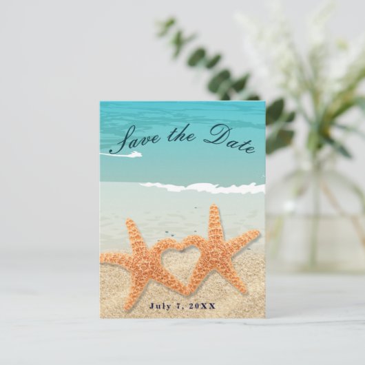 Starfish paar op het strand bruiloft save the date aankondigingskaart (Staand voorkant)