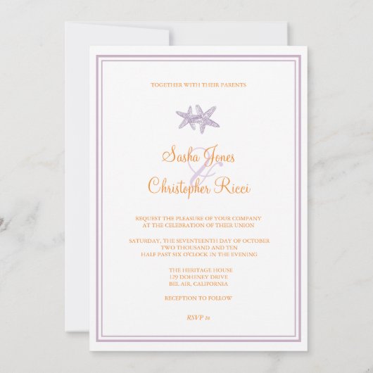 Starfish/paars+oranje/bruiloft uitnodigingen (Achterkant)
