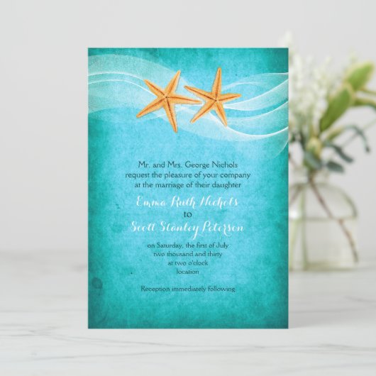 Starfish pair turquoise bestemmingsstrand bruiloft kaart (Staand voorkant)