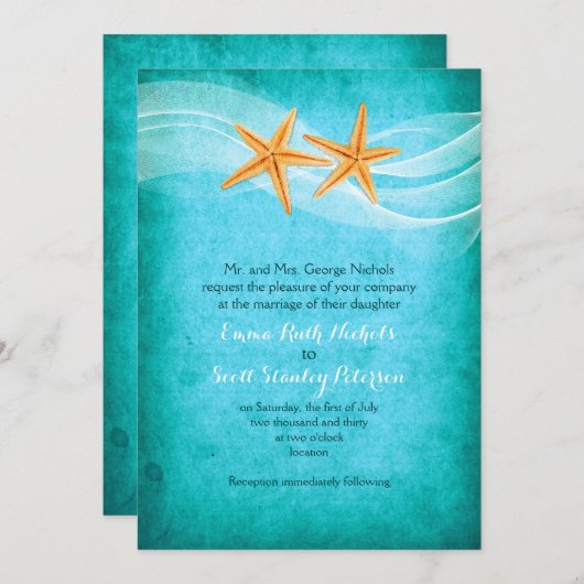 Starfish pair turquoise bestemmingsstrand bruiloft kaart (Voorkant / Achterkant)