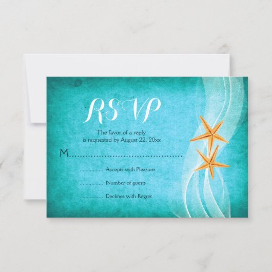 Starfish pair turquoise bestemmingsstrand bruiloft RSVP kaartje (Voorkant)