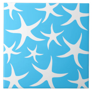 Starfish Pattern, Bright Turquoise Blue en White. Tegeltje