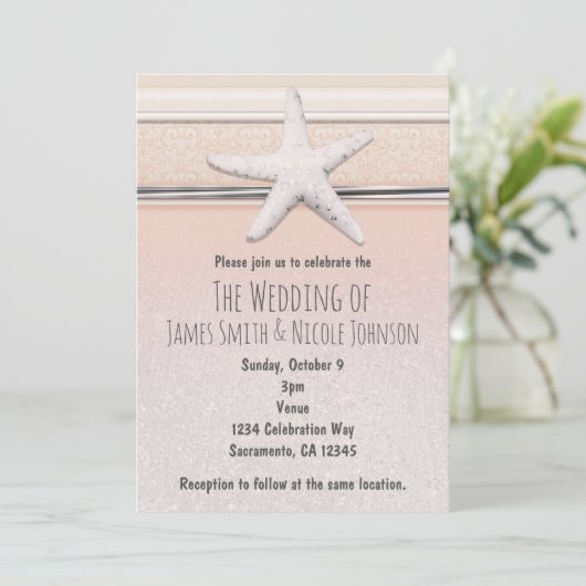 Starfish perziken & crème strand bruiloft uitnodig kaart (Staand voorkant)