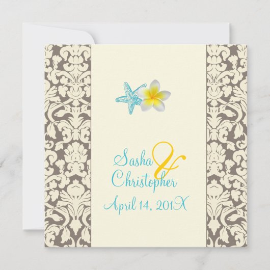 Starfish, plumeria + damask Wedding Invitations Kaart (Voorkant)