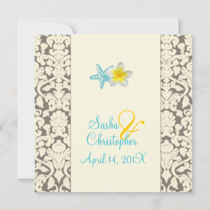 Starfish, plumeria + damask Wedding Invitations Kaart