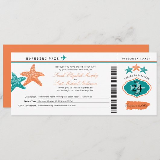 Starfish Puerto Rico Boarding Pass Wedding Kaart (Voorkant / Achterkant)