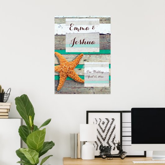 Starfish Rustic Beach Board Nautical Poster (Thuiskantoor)