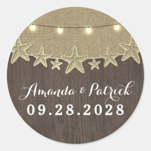 Starfish rustieke verlichting strand bruiloft guns ronde sticker