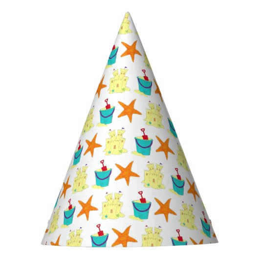 Starfish Sandcastle Beach Pail Summer Vacation Fun Feesthoedjes (Voorkant)