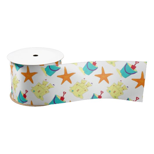 Starfish Sandcastle Beach Pail Summer Vacation Fun Satijnen Lint (Spoel)
