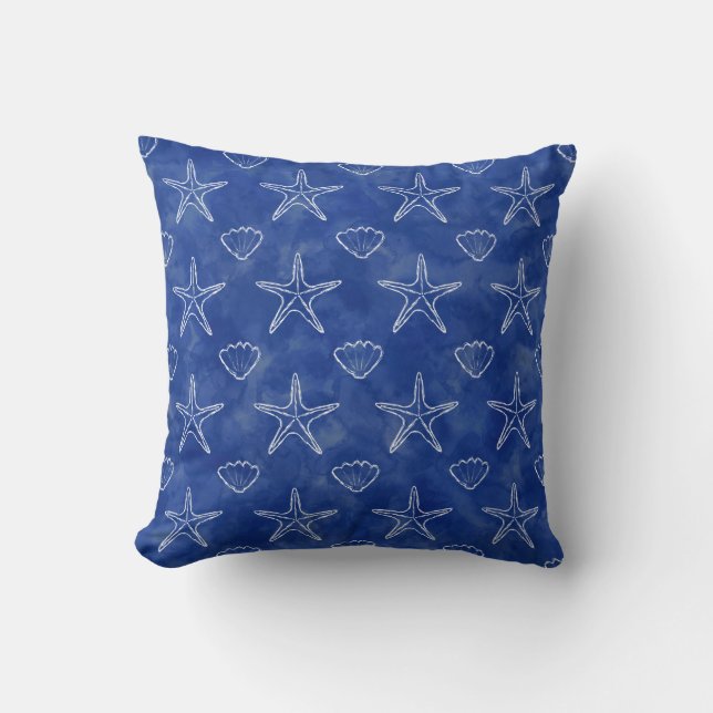 Starfish Seashell Sketch Pattern Blue Watercolor Kussen (Voorkant)