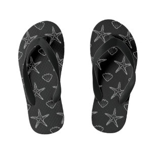 Starfish Seashell Sketch Pattern on Black Kinder Teenslippers
