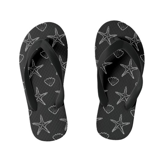 Starfish Seashell Sketch Pattern on Black Kinder Teenslippers (Voetbed)