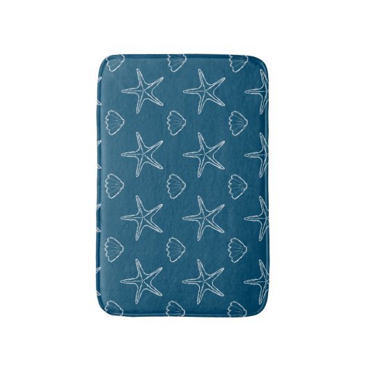Starfish Seashell Sketch Pattern on Ocean Blue Badmat (Voorkant Verticaal)
