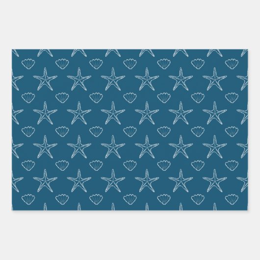 Starfish Seashell Sketch Pattern on Ocean Blue Inpakpapier Vel (Voorkant 3)