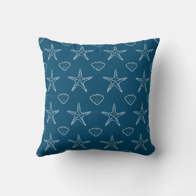 Starfish Seashell Sketch Pattern on Ocean Blue Kussen (Achterkant)