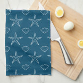 Starfish Seashell Sketch Pattern on Ocean Blue Theedoek (Quarter Fold)