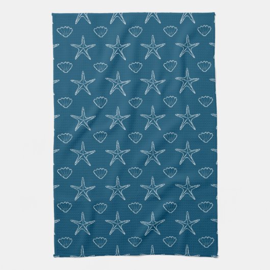 Starfish Seashell Sketch Pattern on Ocean Blue Theedoek (Verticaal)