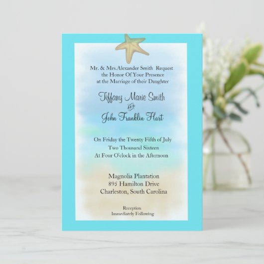 Starfish Seashell Wedding Invitation Kaart (Staand voorkant)