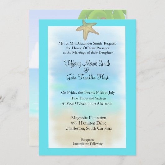 Starfish Seashell Wedding Invitation Kaart (Voorkant / Achterkant)