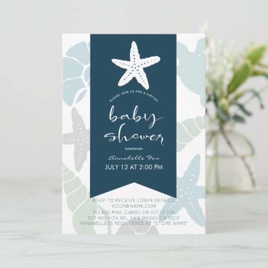 Starfish & Seashells Navy Blue Virtual Baby shower Kaart (Staand voorkant)