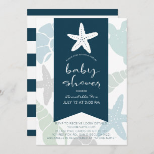 Starfish & Seashells Navy Blue Virtual Baby shower Kaart