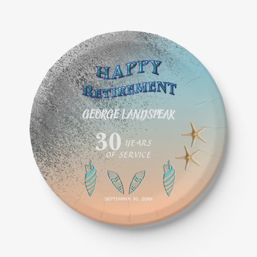 Starfish Seashells Silver Glitter Happy Retirement Papieren Bordje (Voorkant)