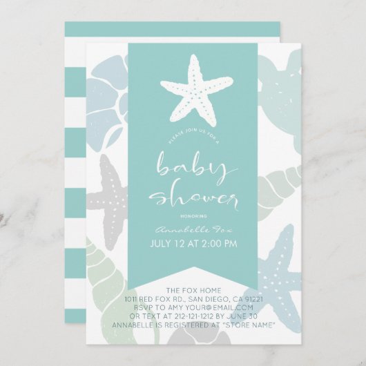 Starfish & Seashells Turquoise Blue Baby shower Kaart (Voorkant / Achterkant)