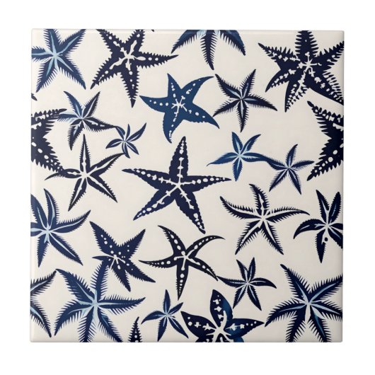 Starfish stencil patroon in blauw tegeltje (Voorkant)