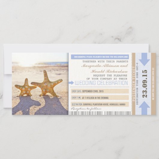 Starfish strand boarding pass bruiloft uitnodiging (Voorkant)
